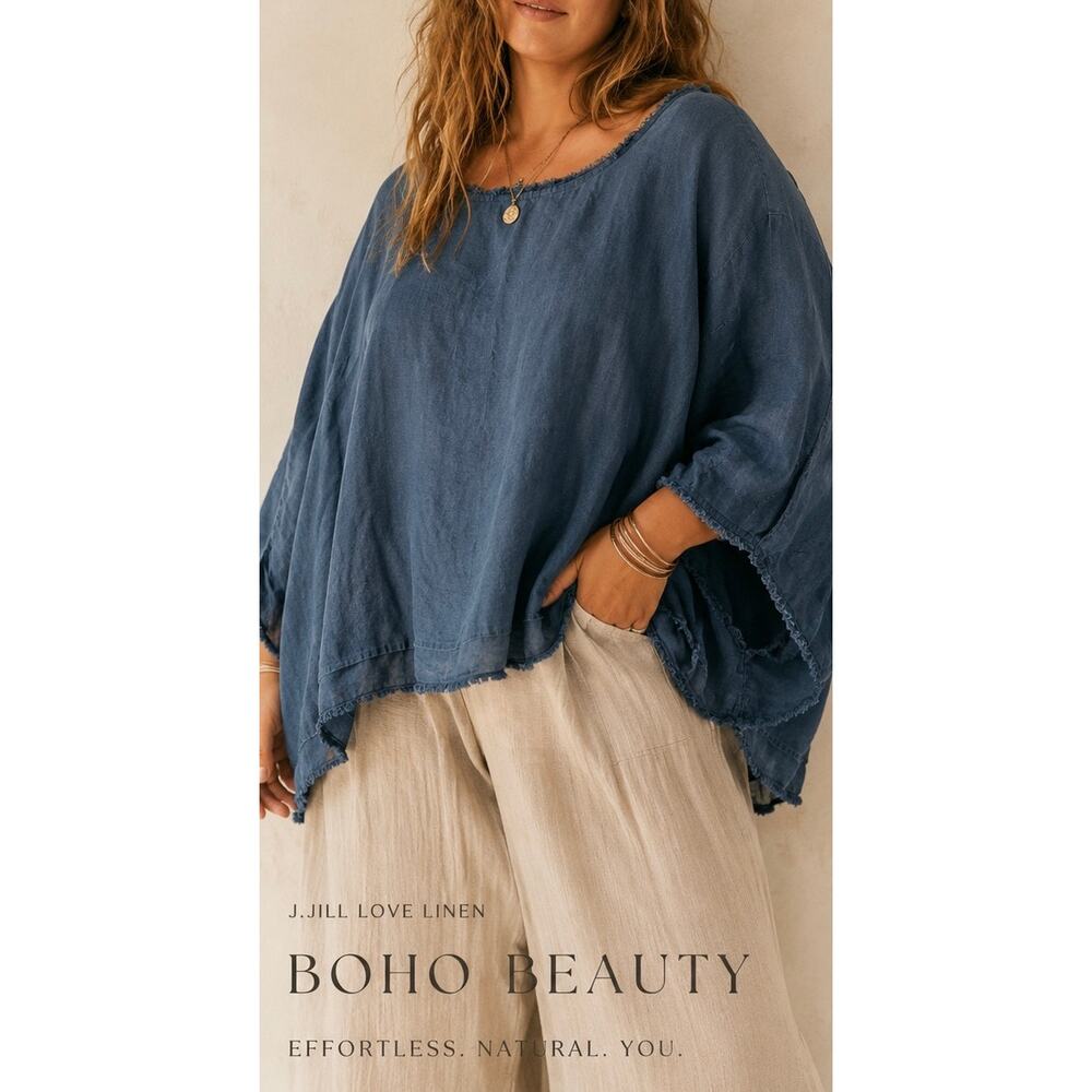 J. Jill Love Linen | Dark Blue Frayed Hem Bohemian Summer Flowy Top Size 3X